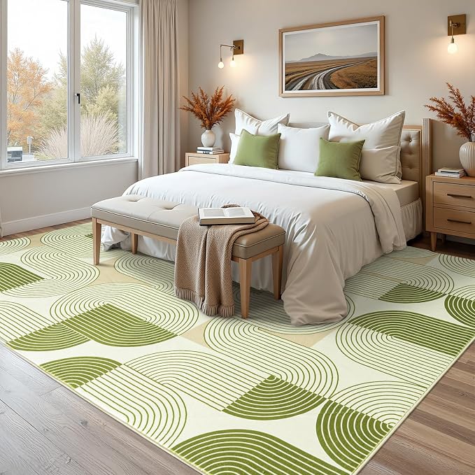 Rugs for Living Room, Soft Green Area Rug for Bedroom 6x9, Washable Mid Century Modern Rug, Non Slip Indoor Floor Boho Low Pile Abstract Carpet for Dining Room Nursery Office Home