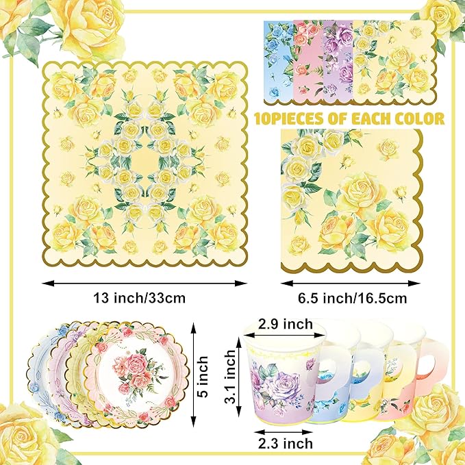 40 Set Floral Tea Cups and Saucers Disposable Tea Party Supplies Colorful Flower Teacups with Handle and Paper Napkins Dinnerware Set for Floral Theme Tea Party Birthday Wedding Bridal Shower Supply