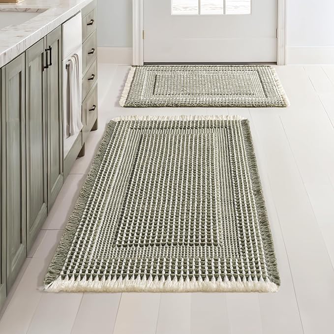 MIULEE Set of 2 Waffle Bathroom Rugs, Boho Bath Rug Super Absorbent, Non Slip Washable Ultra Soft Rubber Backed Shower Bath Mats for Floor, Tub, Shower, Looped Design, Green & Cream, 17"x24"+18"x30"