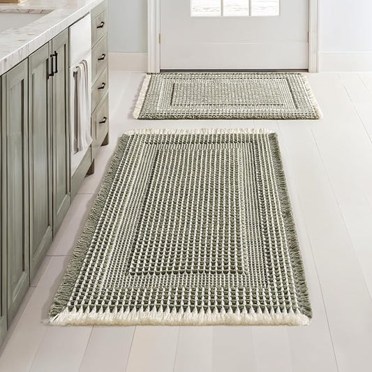 MIULEE Set of 2 Waffle Bathroom Rugs, Boho Bath Rug Super Absorbent, Non Slip Washable Ultra Soft Rubber Backed Shower Bath Mats for Floor, Tub, Shower, Looped Design, Green & Cream, 17"x24"+18"x30"