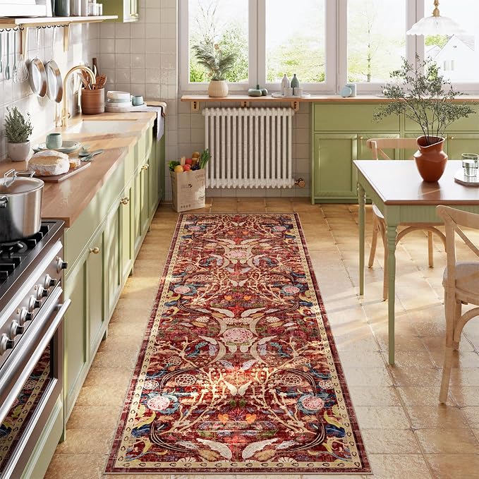 AMTOVO 2.7x8 Runner Rug for Hallway, Washable Non-Slip Long Kitchen Carpet, Floral Vintage Distressed Floor Mat for Hallways Entryway Living Room Laundry Room Bathroom Farmhouse, Red