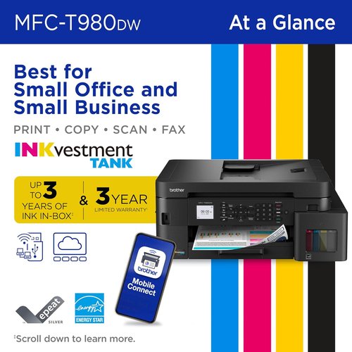 Brother INKvestment Tank 980 All-in-One Color Inkjet Printer - Wireless & Ethernet | Includes 3 Years of Ink