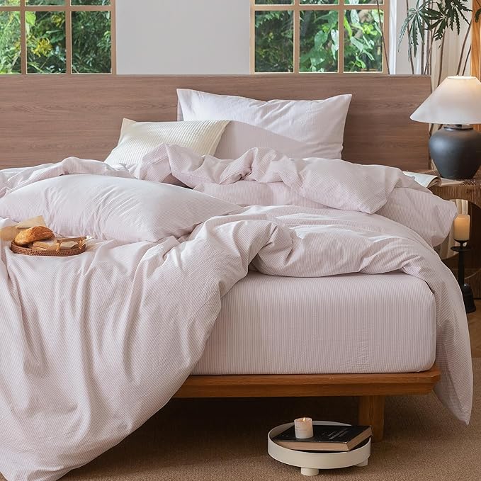 MooMee Striped Duvet Cover Set 100% Washed Cotton Linen Like Textured Breathable Durable Soft Comfy (Heathered Greyish Pink Pinstripes, King 104"x90")