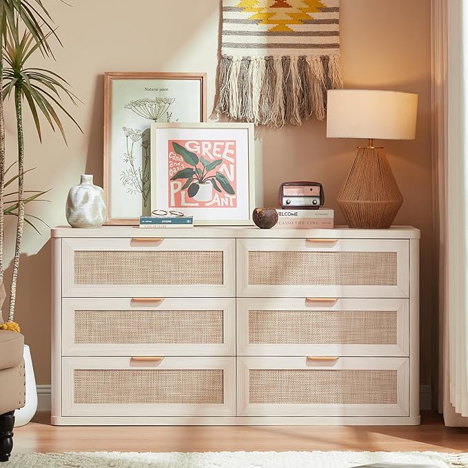 LEYAOYAO Rattan 6 Drawer Dresser for Bedroom Set of 2, Boho 54" Wide White Dresser Chest of Drawers, Dressers TV Stand with Metal Handle, Storage Dressers Closet Organizer for Living Room, Hallway