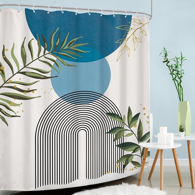 Blue Boho Modern Shower Curtain Mid Century Abstract Gold Green Leaves Sun Arch Minimalist Geometric Aesthetic Plant 60Wx72H Bathroom Decor Neutral Bath Curtain Fabric Polyester 12 Pack Hooks