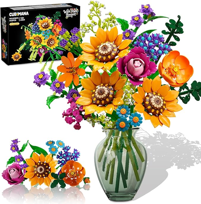 Wild Flowers Bouquet Building Set with Lights - Wildflower 18 Flower Botanicals Collection Building Blocks Sunflower Rose Violet Plants Home Decor Gift for Her Adults Women Girls 12+ (912PCS)