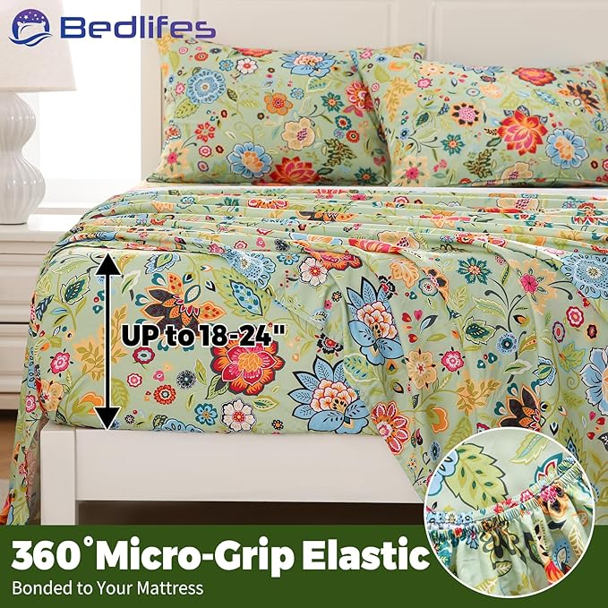 Bedlifes Extra Deep Pocket 18-24" Queen 4-Piece Sheet Set - Cooling Sheets Blend Rayon Derived from Bamboo Soft & Breathable Floral Sage Green