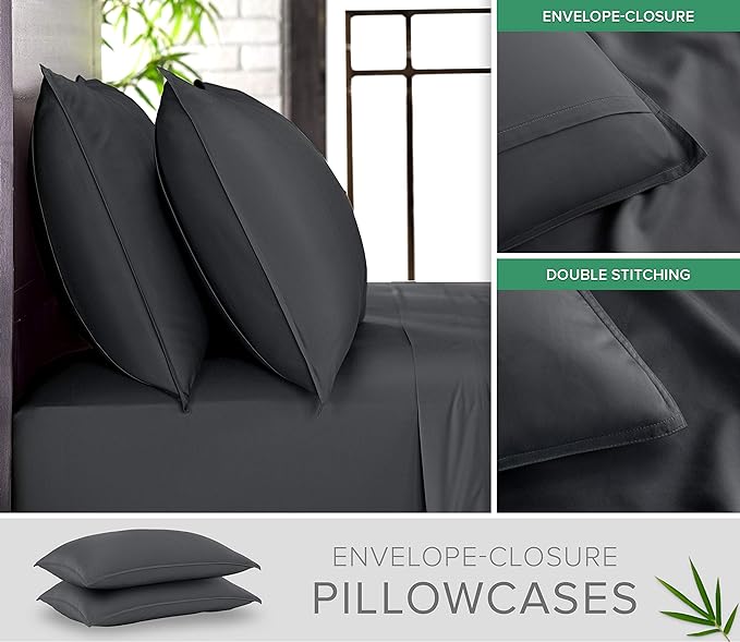 Pure Bamboo Full Sheets, Genuine 100% Organic Viscose Derived from Bamboo Bed Sheet Set, Luxuriously Soft & Cooling, Double Stitching, 2 Year Quality Promise (Full, Charcoal)