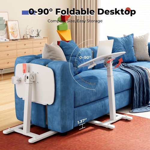 JOY Worker Low Height Mobile Standing Desk - Adjustable TV Tray Table with Foldable MDF Top, White