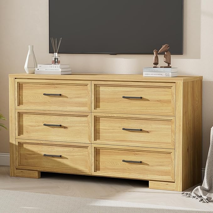 6 Drawer Dresser for Bedroom, 54" Wide Chest of Drawers with Metal Handle, Modern Storage Dressers Organizer for Living Room, Hallway, Natural Oak