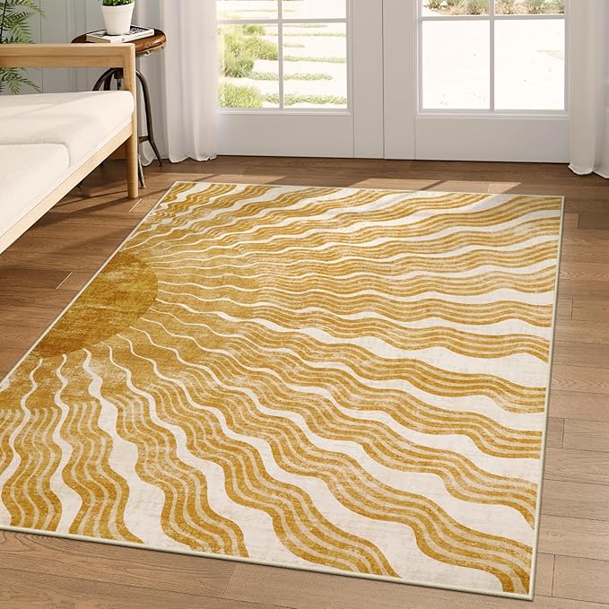 Hedlive Boho Washable Rugs 5x7, Sun Print Soft Nursery Rug for Bedroom Classroom, Ultra-Thin Non Slip Stain Resistant Kids Carpet for Living Room Office(5'x 7',Gold/Multi)