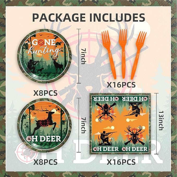 48Pcs Hunting Birthday Party Decorations Tableware Set Include Plates Napkins Forks Hunting Decor for 16 Guests