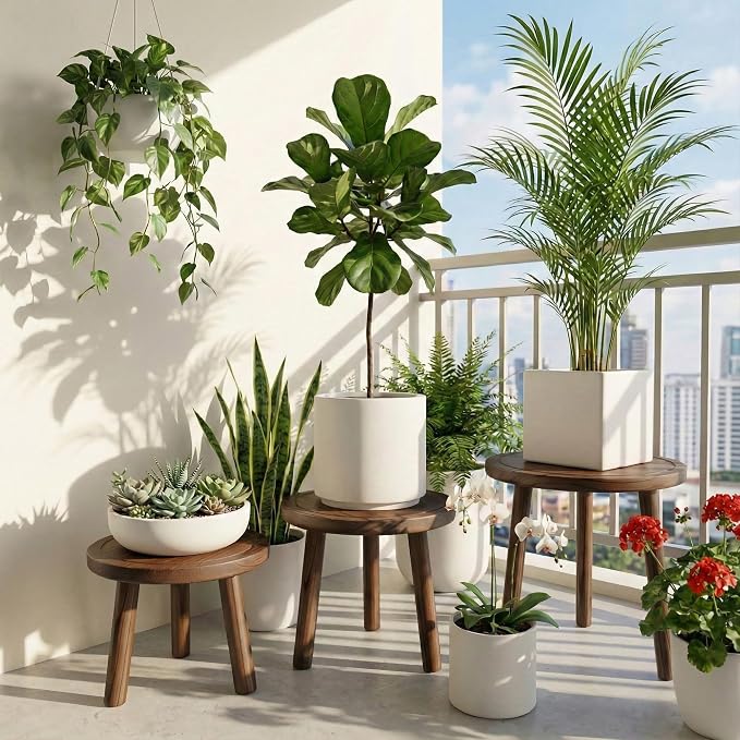 Wood Plant Stands Indoor, 3-Pack Single Plant Stand for 6-12 Inch Pots, Mid-Century Modern Plant Stool, Tall Wooden Plant Stand for Large Plants Perfect Fit for Living Room, Balcony, Office(Dark Brown)