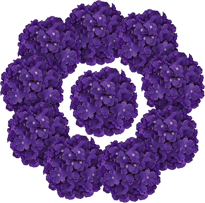 Fake Purple Hydrangea Artificial Flowers - Faux Silk Hydrangeas Flowers Heads with Stems Real Touch for Home Wedding Party Table Decor(Purple,Pack of 10)