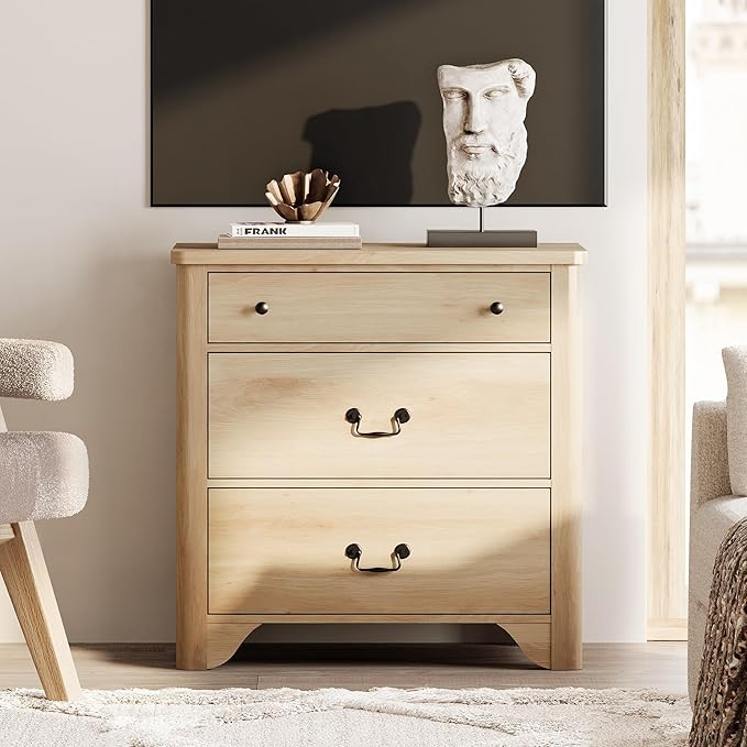 WAMPAT 3 Drawer Dresser, 31.5 Inch Wood Nightstand with Storage, Modern Oak Dresser Wood Chest of Drawers with Curved Profile Design for Bedroom, Living Room