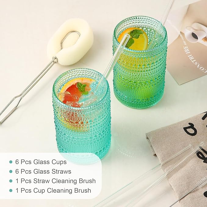 ZMOWIPDL Vintage Glassware Drinking Glasses Set of 6,15 oz Hobnail Glass Cups,Embossed Lake Blue Water Tumbler,for Beer,Cocktail,Whiskey,Juice and Various Mixed Drinks- 1 Cleaning Brush