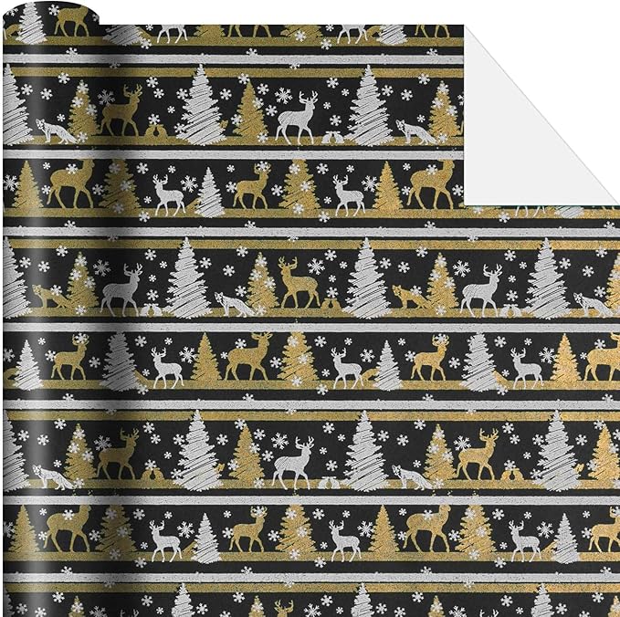 Yarcony Kraft Christmas Wrapping Paper, Black Wrapping Paper, Luxury Faux Sparkle Christmas Trees Reindeer Snowflake Duty Heavy Kraft Gift Wrap for Holidays, Winter Solstice (17 Inch X 33 Feet)