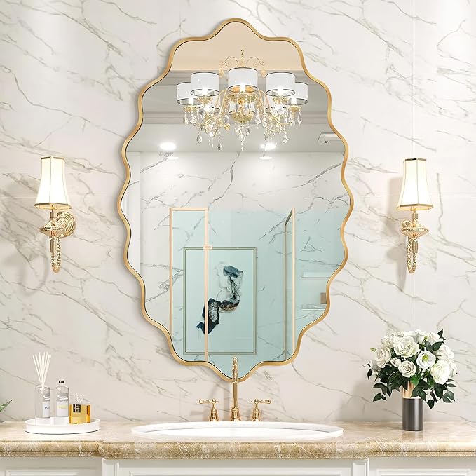 Oval Wavy Wall Mirror -Irregular Wall Mirror with Gold Asymmetrical Aluminum Alloy Frame,22"x30" Decorative Wall Mirrors for Bathroom, Bedroom, Living Room, Dining Room，Entryway