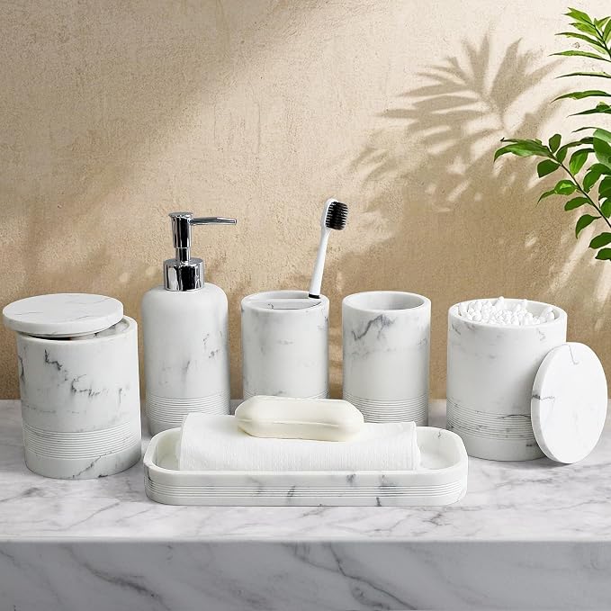LIN CHUAN 6-Piece Bathroom Accessories Set, Organizer Set with Soap Dispenser, Toothbrush Holder Set, Vanity Tray, Tumbler & 2 Cotton Swab Jars – Modern Stylish Bathroom Storage(Marble White)