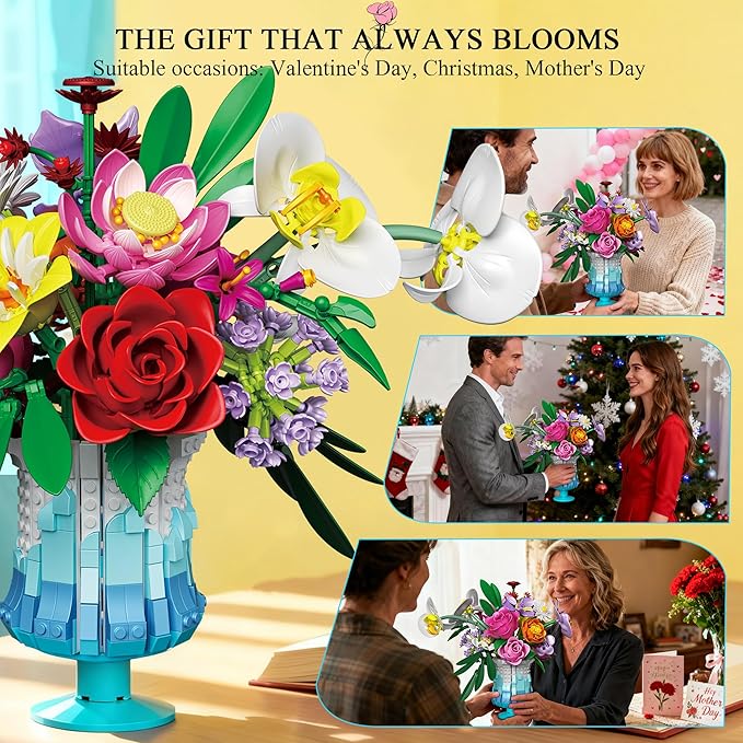Flower Building Set with Vase, Artificial Botanical Flower Set for Adults Women, Home Décor Display, Romantic Gift for Christmas, Valentine’s Day, Compatible with Lego Flower, 956 PCS