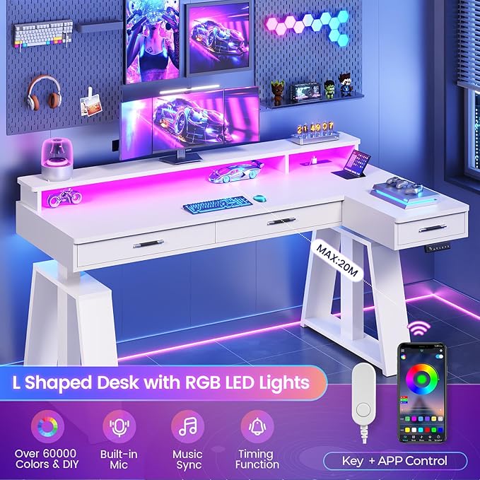 SEDETA 59 Inch L Shaped Electric Standing Desk with Drawers, Executive Adjustable Desk with Power Outlets, Monitor Stand, Sit Stand Computer Table for Home Office, White