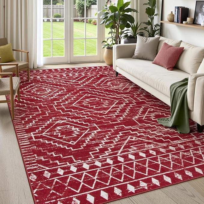 Wonnitar Moroccan Washable 5x7 Rug for Living Room, Soft Chrisrmas Rug for Bedroom, Non-Slip Stain Resistant Geometric Floor Carpet for Dining Table Kitchen Dorm (Red,5'x7')