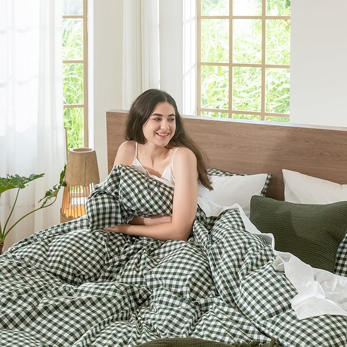 MooMee Gingham Duvet Cover Set 100% Washed Cotton Linen Like Textured Breathable Durable Soft Comfy Modern Checkered Design (Forest Green Gingham, Oversized Queen 98"x98")