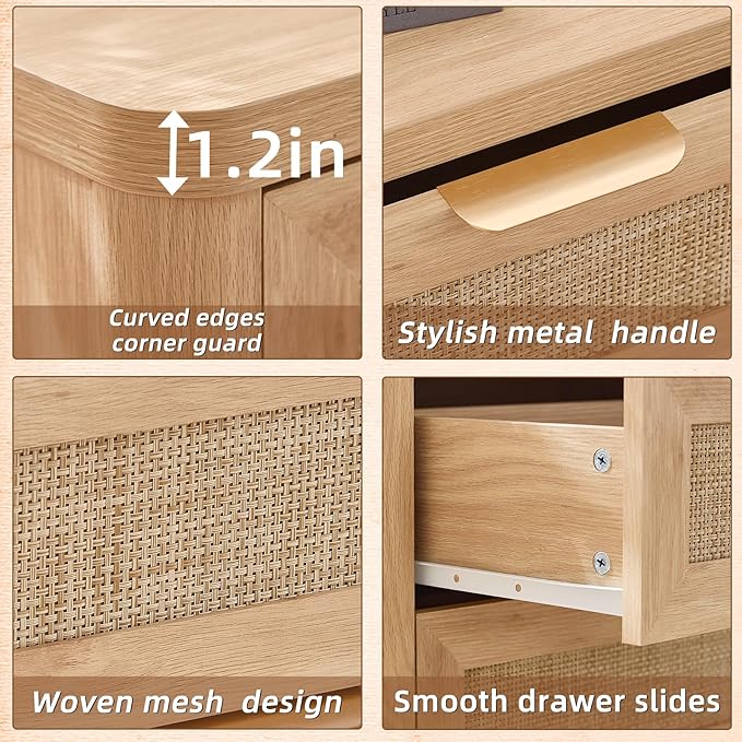 LEYAOYAO Rattan Night Stand Set of 2 with Charger Station, 23" Large 3 Drawer Boho Nightstand, Natural Wood Bedside Table Storage Cabinet, Bed Side End Tables for Bedroom, Living Room, Hallway