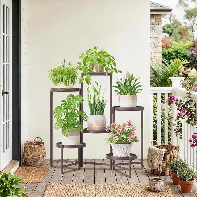 iDavosic.ly 6 Tier Large Plant Stand Indoor, 10 Inch Wide Tall Corner Metal Plant Stands Outdoor for Multiple Plants, Folding Tiered Flower Display Holder Rack Shelf, Violet Bronze