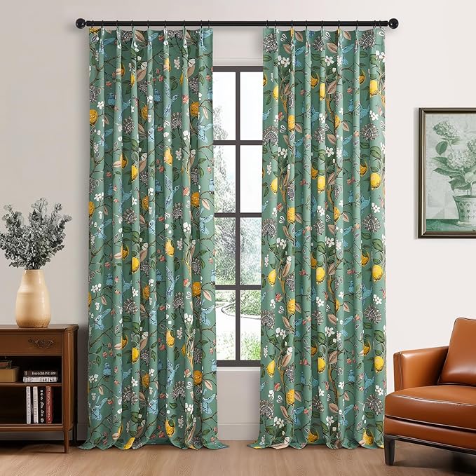90 Inches Long Curtains 2 Panels for Living Room Botanical Hummingbird Luxury Whimsical Floral Printed Pinch Pleated Drapes for Bedroom Thermal Insulated Window Curtains Sage Green