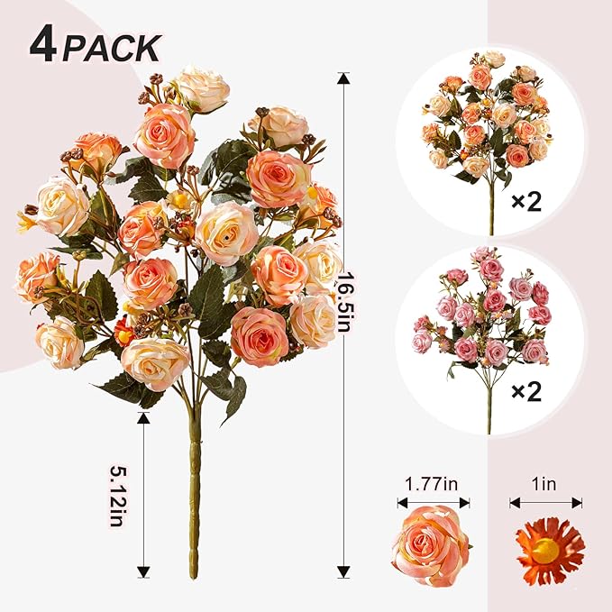 Artificial Rose Flowers for Outdoor 4 Bundles Rose Bouquet with Daisy Faux Flowers UV Resistant for Home Indoor Outside Garden Porch Window Box Balcony Yard Porch Fall Decor (Pink+Orange)