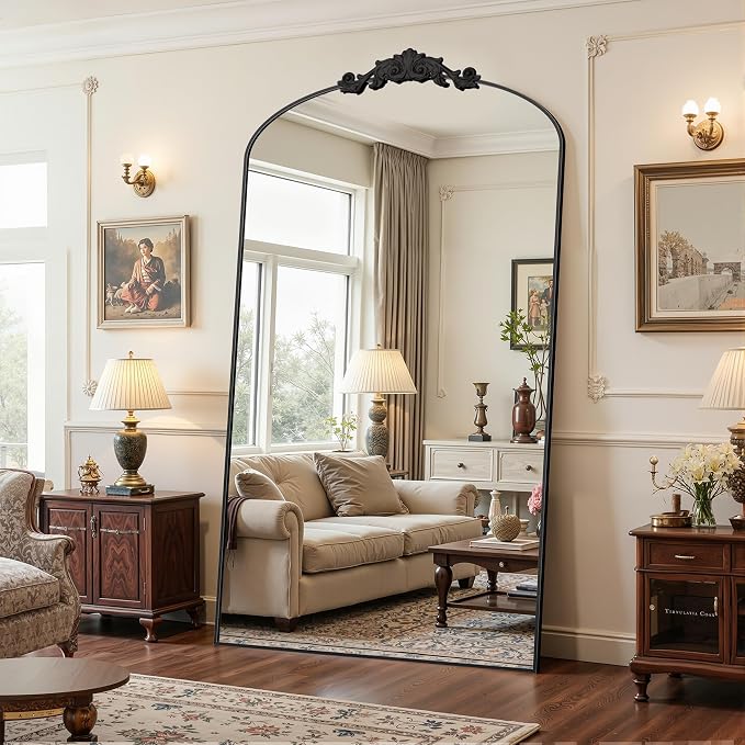 Antok Arched Full Length Mirror, 72"x44" Floor Mirror with Carved, Full Body Mirrors for HomeDecor, Standing/Halling Large Wall Mirror for Bedroom, Living Room, Cloakroom, Black, Retro Style