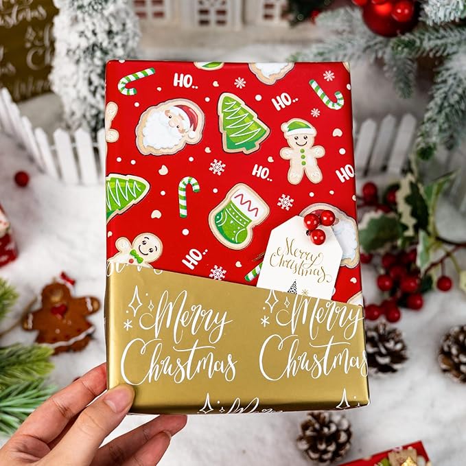MAYPLUSS Red Christmas Wrapping Paper Roll - 17IN X 33FT - Santa Gift Wrapping Paper Featuring Santa Claus Gingerbread Christmas Tree HO Candy Cane Reversible Gold for Kids, Holiday, New Year