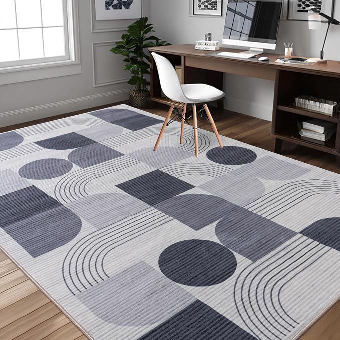 Large Machine Washable 6x9 Area Rug, Soft Modern Geometric Abstract Grey Rugs for Bedroom Living Room, Non-Shedding Faux Wool Indoor Throw Floor Carpet for Office Entryway Dining Room Decor