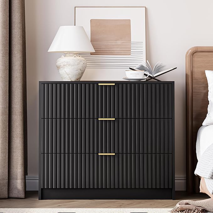 3-Piece Dresser Bedroom Set, 5 Drawer Dresser & 3 Drawer Nightstands with Gold Handles, Fluted Wood Chest of Drawers for Bedroom, Living Room, Entryway, Black