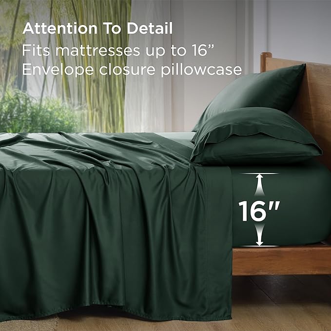 Bedsure King Size Sheets Set, Cooling Sheets for Hot Sleepers, Rayon Derived from Bamboo, Breathable & Soft, Deep Pocket Up to 16 Inches, Hotel Luxury Silky Bedding, Forest Green