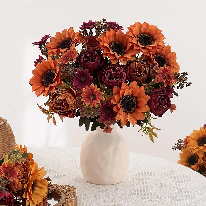 3 Bunches Sunflowers Fake Flowers, Fall Silk Artificial Sunflowers Decorations for Home Office, Wedding, Autumn Floral Arrangements, Halloween, Thanksgiving, Harvest Festival Decoration