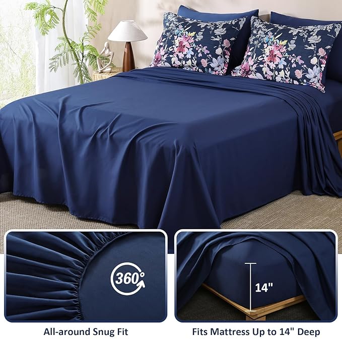 Dobuyly King Size Comforter Set, 7 Pieces Navy Blue Floral Comforter Set, Bed in a Bag King with Botanical Flowers Pattern, All Season Farmhouse Bedding Set with Sheets, Pillowcases & Shams