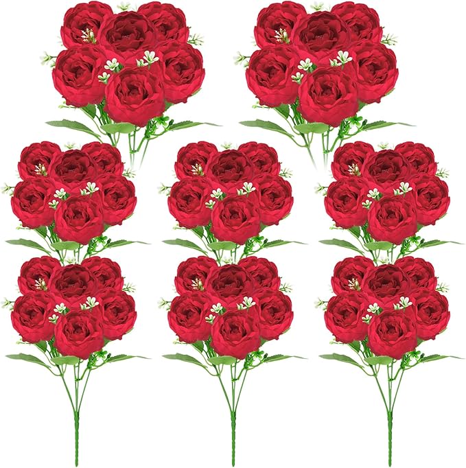 8 Pack Red Peonies Artificial Flowers, Fake Silk Hydrangea Bouquet for Bridal Wedding Home Table Decor Reusable Dining Opening Ceremony Birthday Arrangement Faux Floral