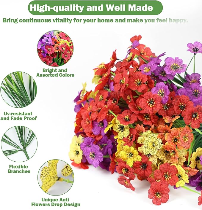 Nepfaivy Artificial Flowers for Outdoors Uv-Resistant - 24 Bundles 4 Colors No-Fade Faux Flowers for Outdoor Planters to Decor Patio Porch Garden Yard, Silk Realistic Faux Outside Flowers Bulk