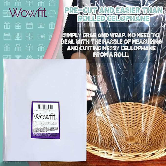 Wowfit Cello Clear Bags, 10 CT 30x40 inches - Durable & Easy-to-Use Cellophane Packaging Solution for Gift Baskets, Raffles, Birthday Events and More(Flat, No Gusset, Ribbon Not included)