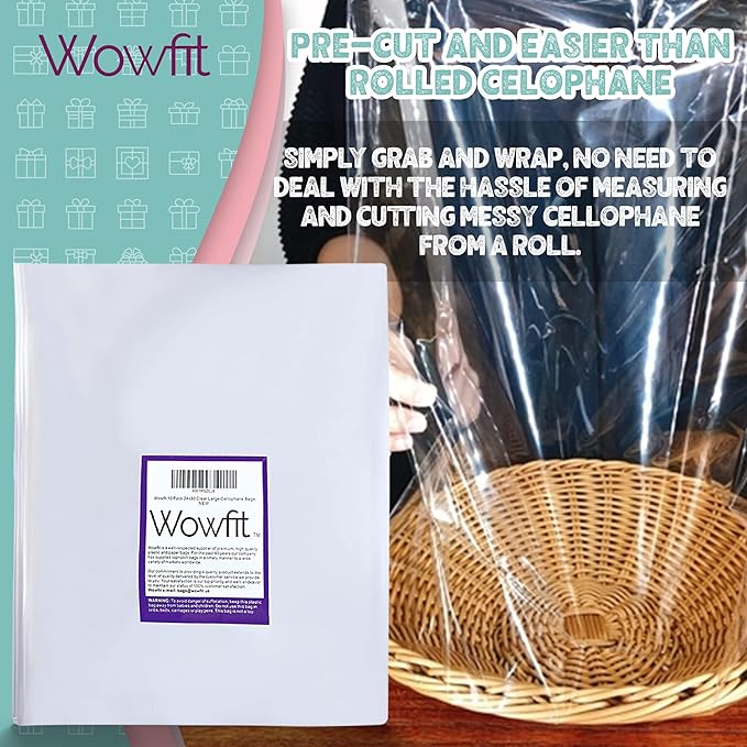 Wowfit Cello Bags,10 CT 24x30 inches Clear Cellophane Bags Perfect for Gift Baskets, Presents, Weddings, Bridal/Baby Showers and More (Flat, No Gusset, Ribbon Not included)