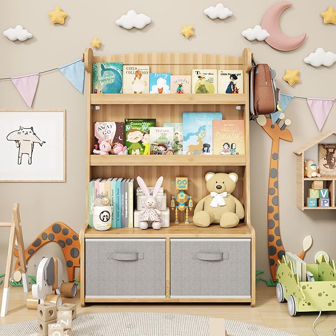 Kids Bookshelf and Toy Storage Organizer, 3 Tier Bamboo Todders Book Shelf Large Book Rack for Child Room Playroom Nursery for Kids, Children, Toddlers (Nature)