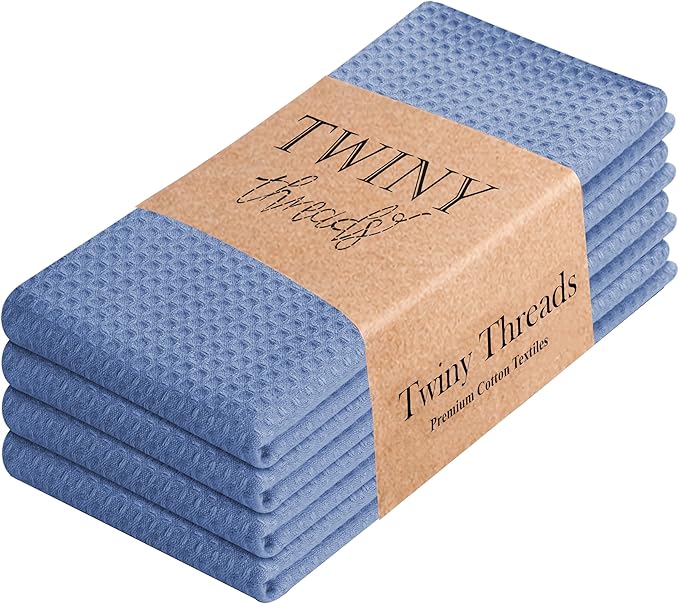 TWINY threads Kitchen Towels Set of 4, 100% Soft Cotton Waffle Weave Dish Towels, Quick Drying, Tea Towel with Hanging Loop, Resuable Cloths for Table Cleaning, Dining, Parties, 16"x26", Sky Blue