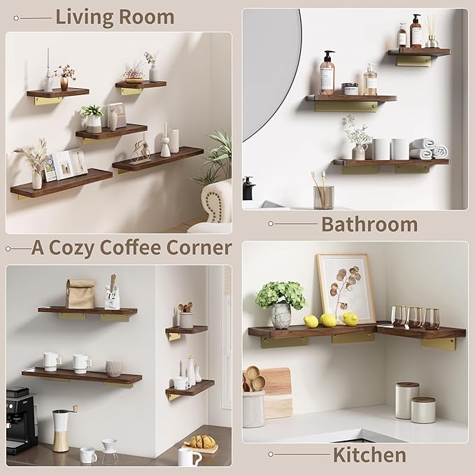 Danpoo 8 Inch Solid Wood Wall Shelf for Storage, Wall Mounted Rustic Walnut Wood Shelves for Bathroom, Living Room, Bedroom and Kitchen