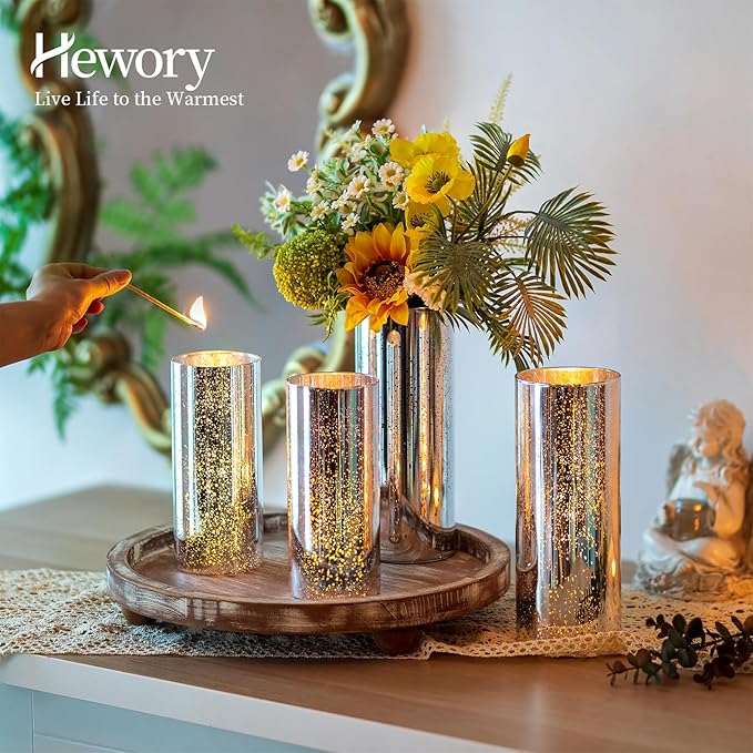 Glass Cylinder Vases Set of 2, Hewory Glittery Silver Vase for Centerpieces, Glass Hurricane Candle Holders for Pillar Floating Candle, Tall Round Vase for Wedding Anniversary Events Home Table Decor