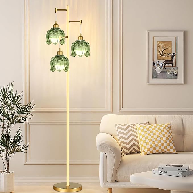 ZECOXOL Vintage Floor Lamps for Living Room Bedroom-3 Light Glass Floor Lamp with Three Led Bulb, Modern Mid Century Standing Lamp Brass Tall Lamp Gold Tree Floor Lamp for Bedroom Corner