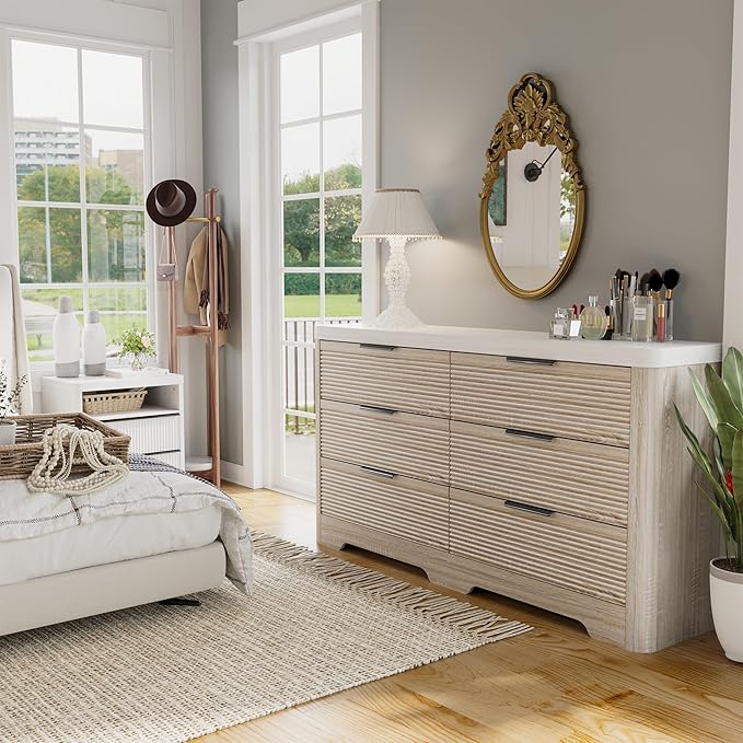 FUSUNBAO Fluted 6 Drawer Dresser, Modern Wood Dresser for Bedroom,TV Stand,Thickened Curved Profile Design,Bedroom,Entryway,Wood Drawer Organizer(Natural Oak)
