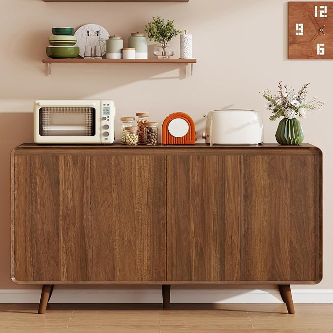 Nasonet Mid Century Modern Buffet Cabinet with Storage, 55 Inch Sideboard Credenza with Doors & Shelves Console Coffee Bar Table for Living Room, Kitchen, Dining Room and Hallway, Walnut