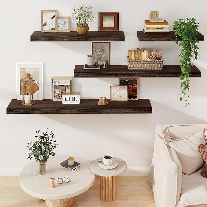 Solid Wood Floating Shelves for Wall 36"W x 8"D x 1.56"H Set of 2, Deep Wall Shelves for Living Room Bedroom Bathroom Kitchen Decor Storage with Invisible Heavy-Duty Metal Bracket, Rustic Brown